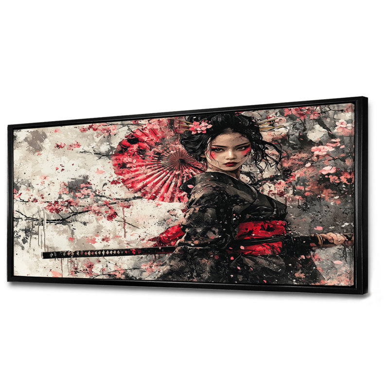 «Samurai au Japon», femme, fleur, H 28 po x l 60 po, Cadre flottant, Noir