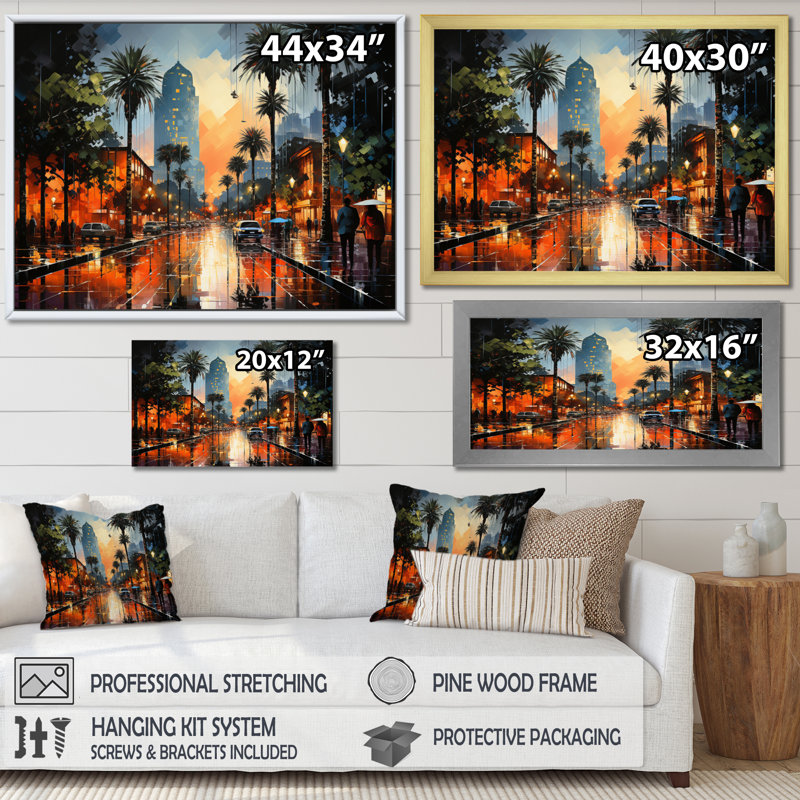 «Palm Trees Urban Miami I», reproduction sur toile, H 24 po x l 32 po x P 1 po, Cadre photo noir