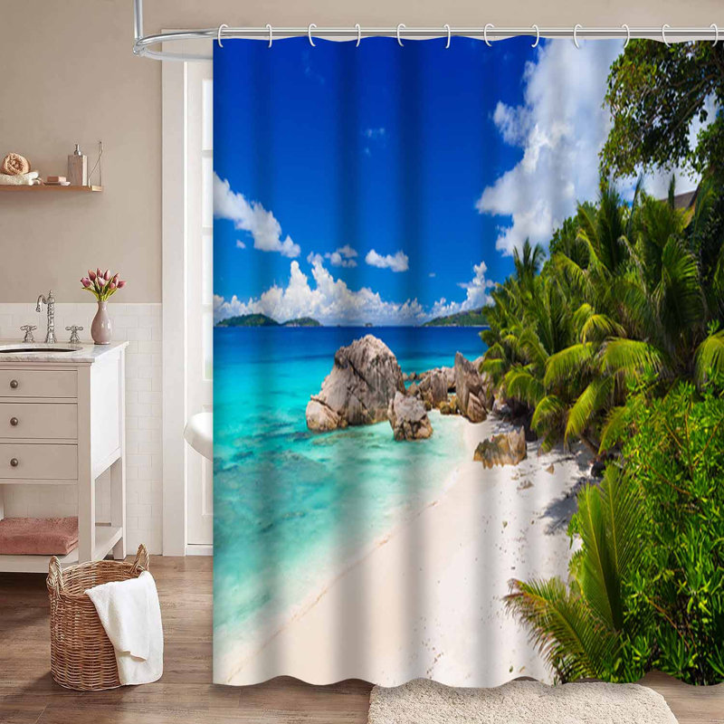 Incroyable plage tropicale, palmiers, île de granit, Afrique, avec 12 crochets, L 72 po x l 84 po