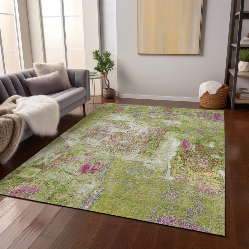 Lime Abstract Flat Woven Synthetic 8' x 10' Washable Rug