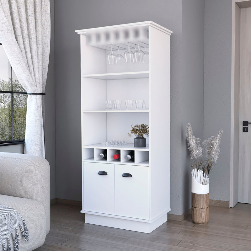 Elegant White Bar Cabinet With Extra Storage Capacity - 3 Shelves, 5 Bottle , Glassware Efficient Design Organizer