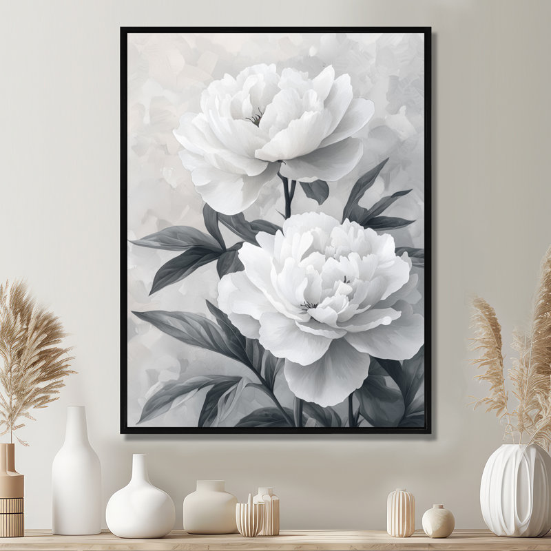 Monochromes flou artistique pivoines I - pivoines, art mural, Noir, Impression dans un cadre flottant sans passe-parto
