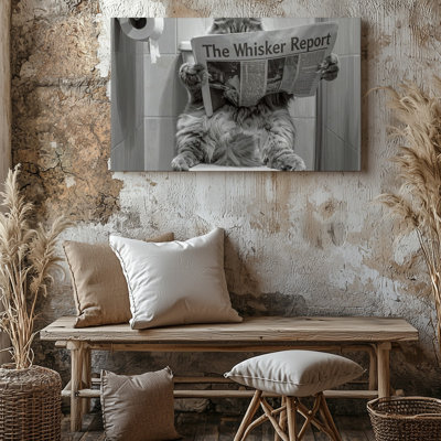 Wall Art Fluffy Cat Toilet Newspaper Humorous Feline Bathroom Art Add A Touch Of Canvas Ready To Hang Gallery Wrapped Home Decor Decor