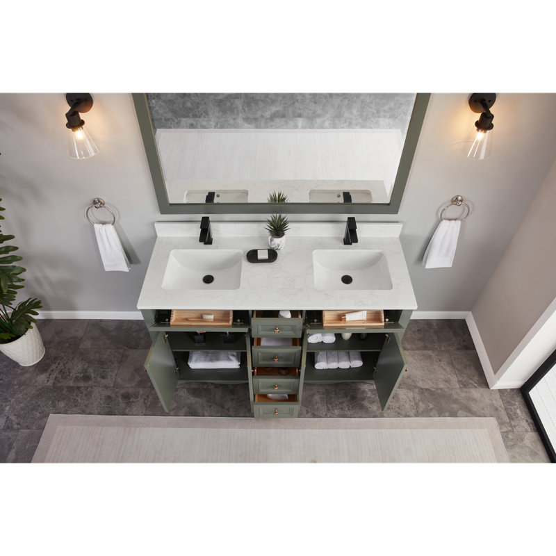 60" Solid Wood Sink Vanity  With 1' Artificial Stone Top, Pewter Green