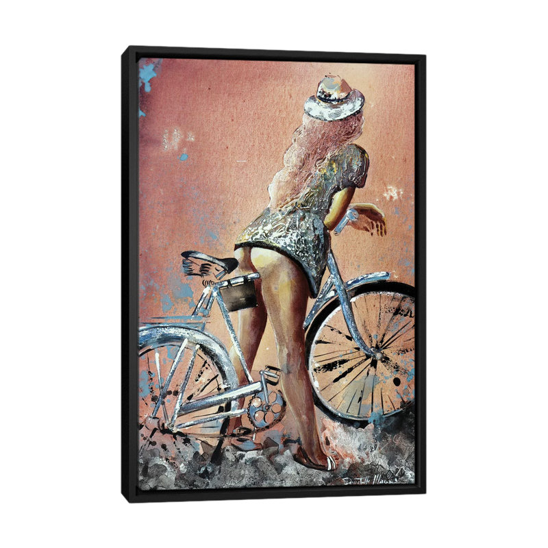 Woman With Her Hat And Her Bike by Donatella Marraoni - Painting on Canvas, 101.6 cm H x 66.04 cm W, Black Framed