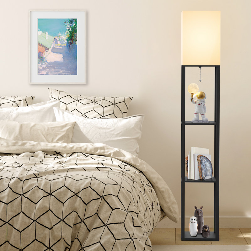 Lampe sur pied colonne 62,9 po avec tablettes Emonnie, bois massif véritable et ampoule incluse, Noir, noir, noir, noir