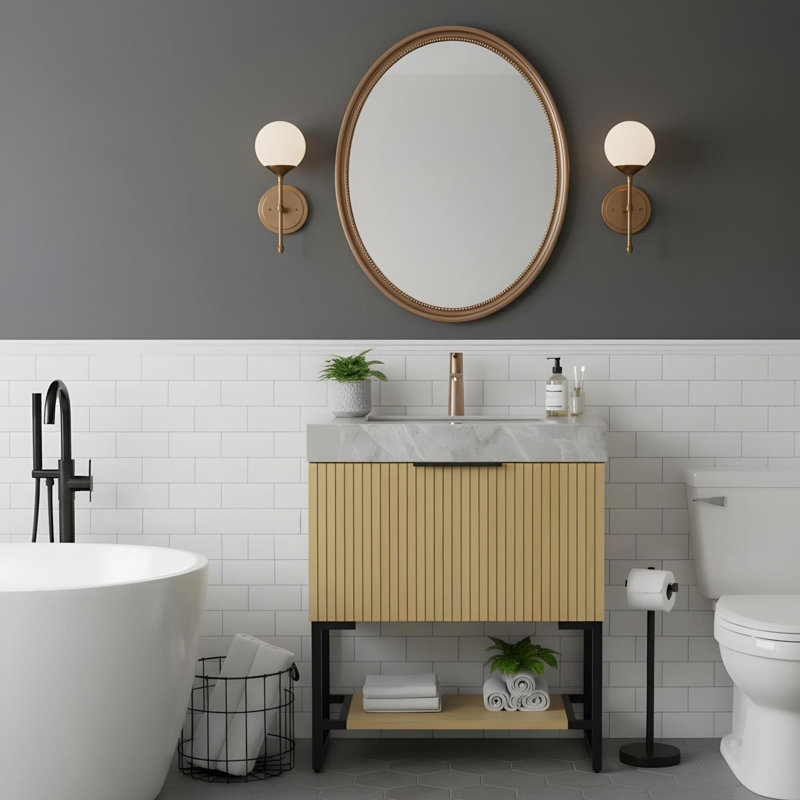 Meuble-lavabo autoportant en contreplaqué avec lavabo et tablettes ouvertes, Chêne doré / noir, 30", Gris clair