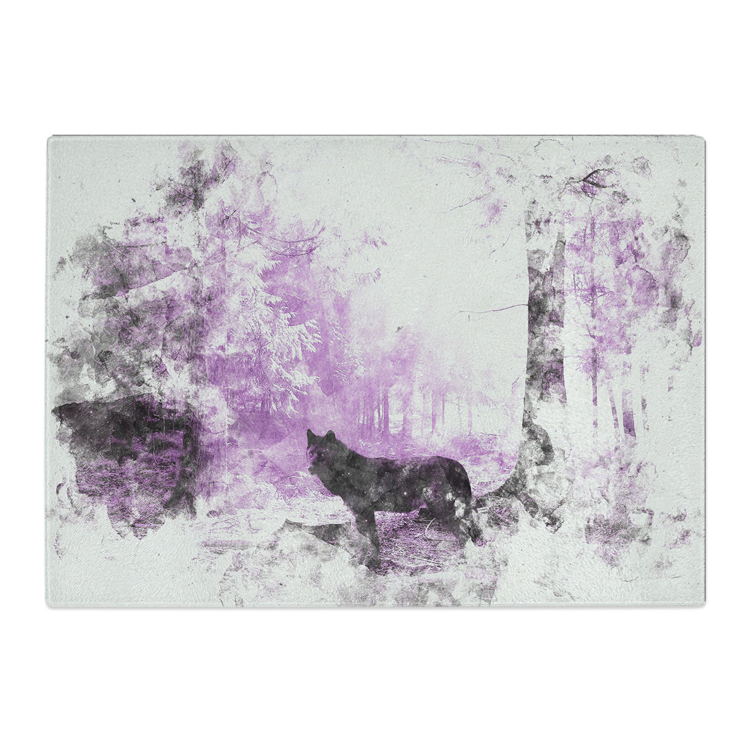 Tempered Glass Black Wolf in a Purple Forest Chopping Board