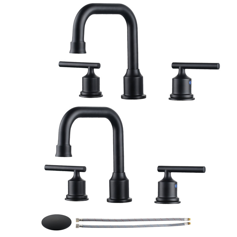 8 Inch Widespread Bathroom Sink Faucet 3 Hole with Pop-up Drain and Supply Lines (2 Pack), Matte Black