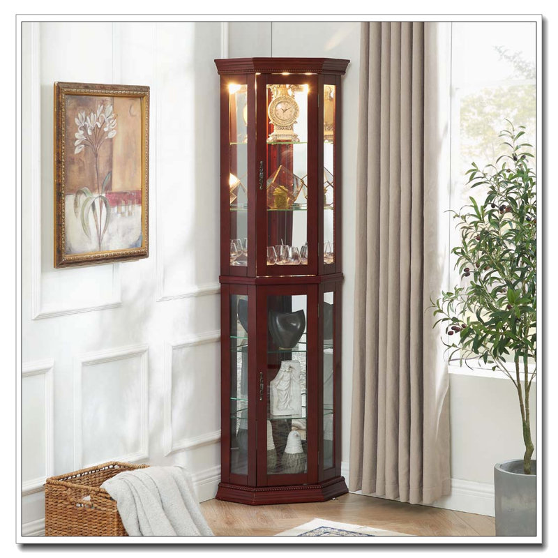 Vitrine de coin avec lumières et tablettes réglables en verre