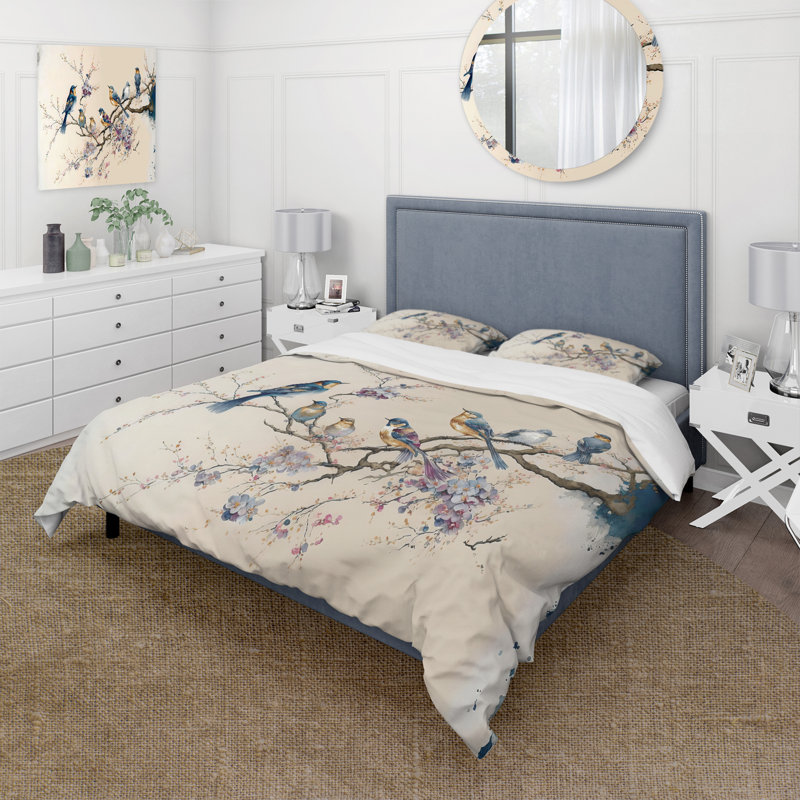 Ensemble de housse de couette multicolore en microfibre / polyester Birds On Plum Blossoms Tree