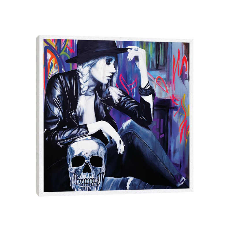 Skull In The Light by Val Escoubet - Painting on Canvas, 45.72cm H x 45.72cm W x 3.81cm D, White Framed