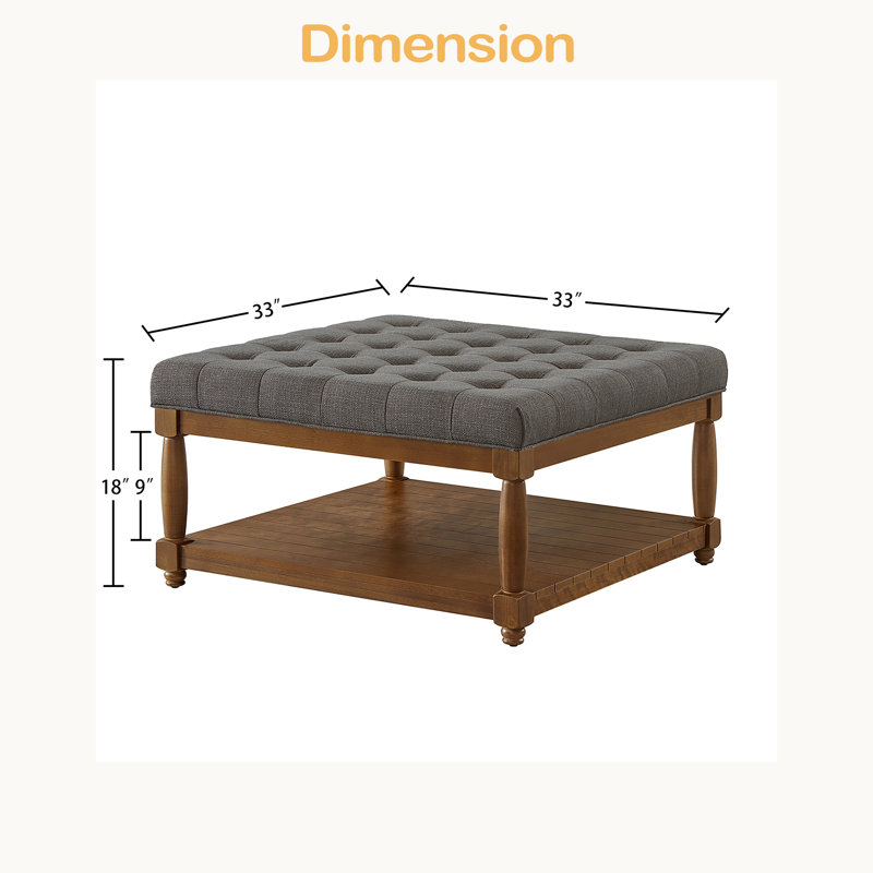 Grande table basse carrée avec repose-pieds en lin capitonné et grand repose-pieds avec tablette en bois massif, Brun