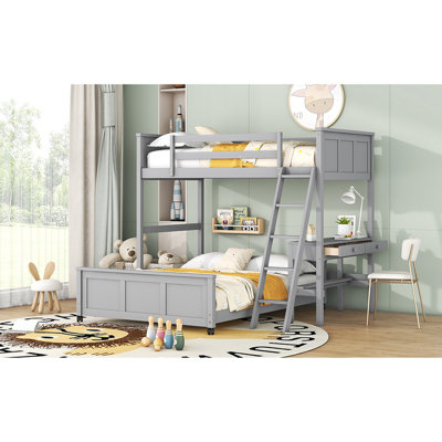Lit superposé simple au-dessus d'un lit double gris avec bureau pratique - Bureau en bois massif et construction confortable