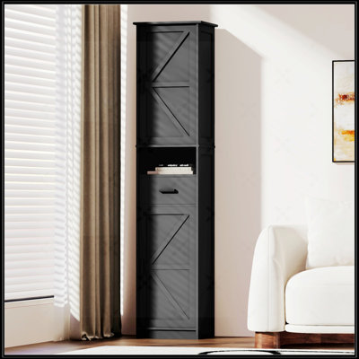 69" H Tall Bathroom Storage Cabinet With 2 Barn Doors And 1 Drawer
