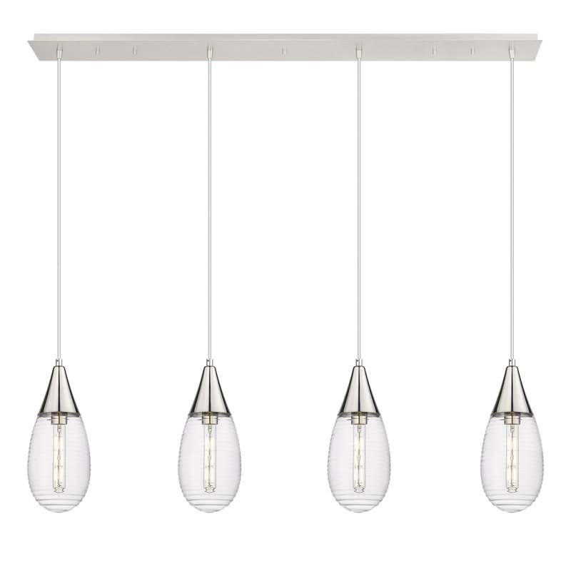 Luminaire suspendu grappe 4 lumières Rigdon, Rayé transparent, Nickel poli