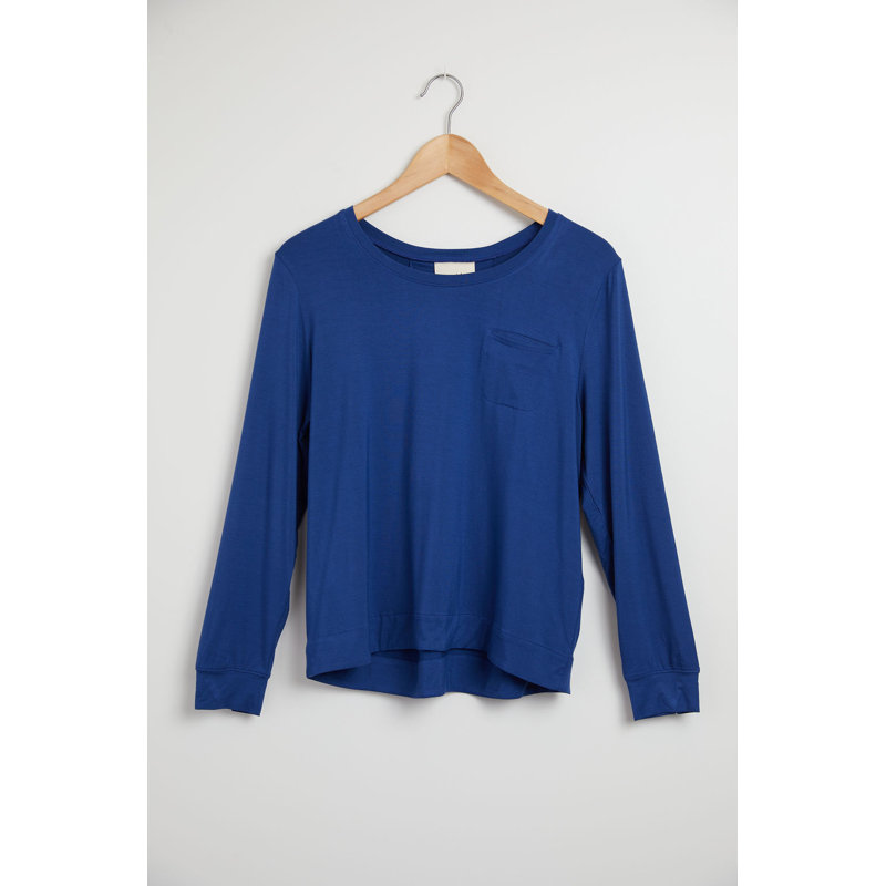 Haut à manches longues Pure Fibre plissé en mélange de rayonne de bambou, S, Bleu marine