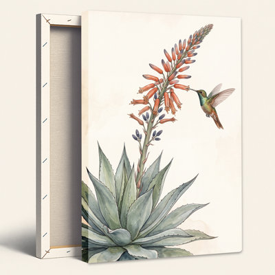 Tableau sur toile aquarelle représentant une plante d'agave et un colibri