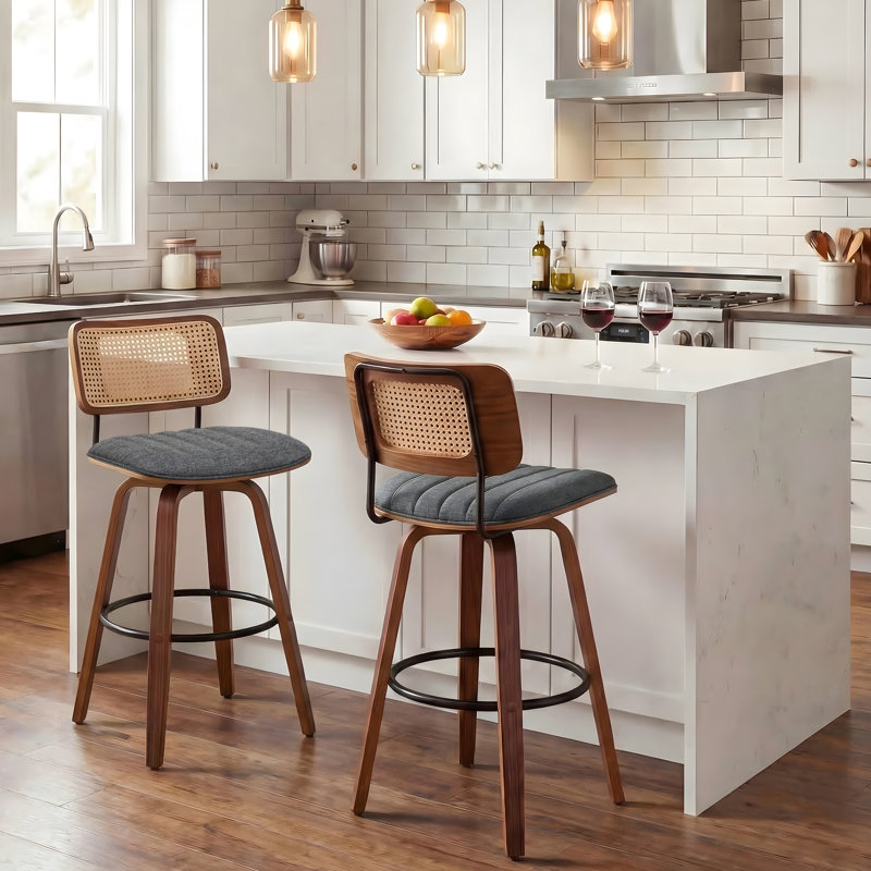 Valerie Set of 2 Swivel Rattan Wooden Fabric Bar Stool, Counter Stool (25" Seat Height)
