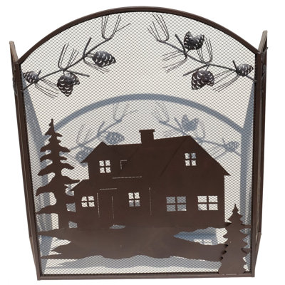 Cozy Cabin Home Image with Pinecone Accent 3-Panel Decorative Fireplace Screen