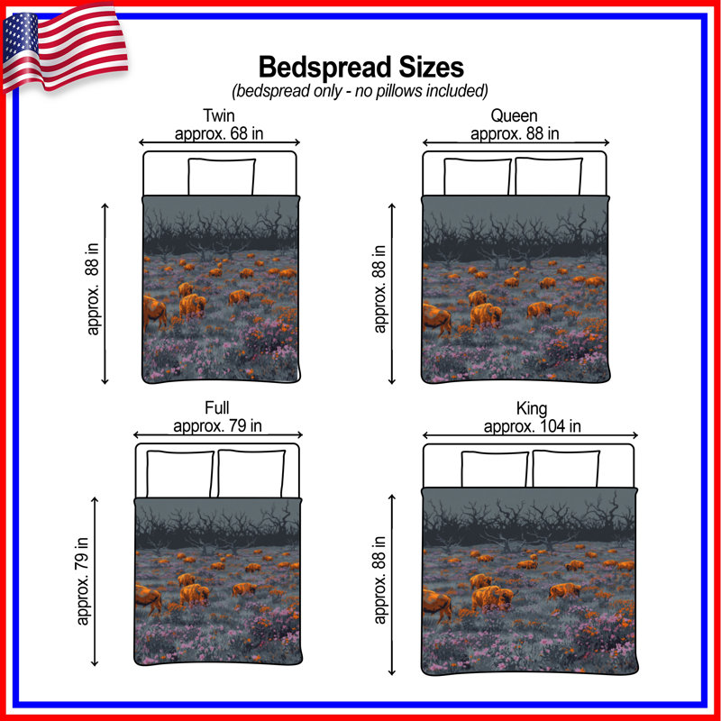 Buffalo In Wildflowers Field Quilted Bedspread All Sizes, Full / Double