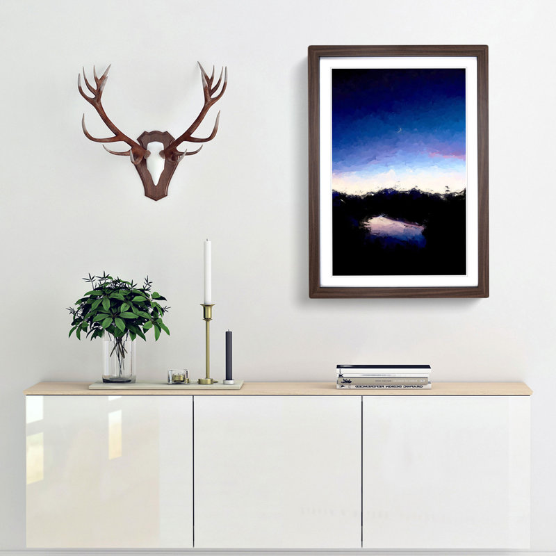 Crescent Moon Above a Lake in Abstract - Picture Frame Graphic Art Print, 65cm H x 48cm W x 2cm D, Walnut Framed