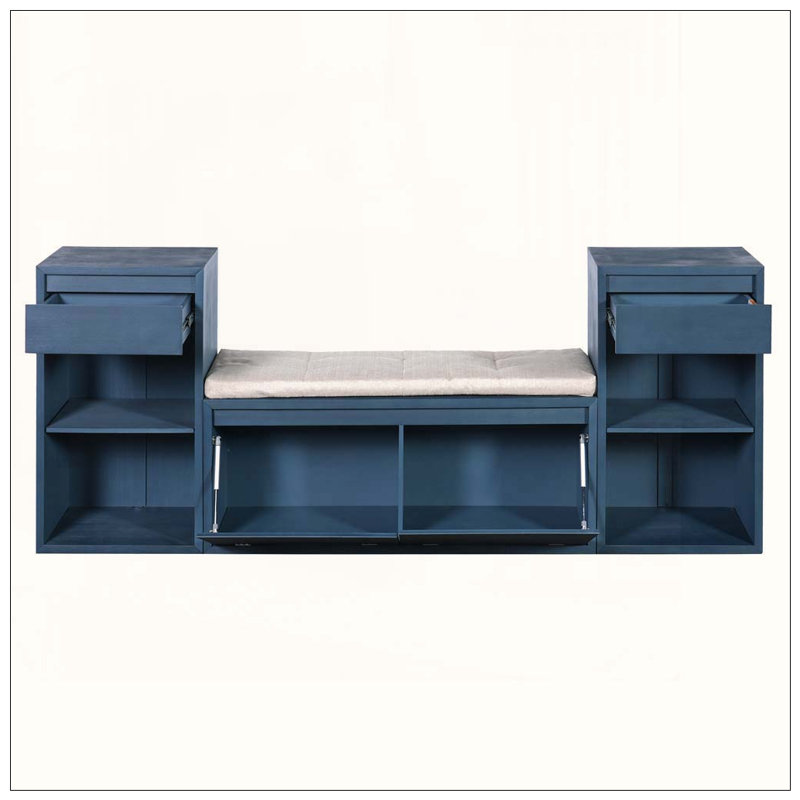 Banc de rangement tout-en-un avec coussin, compartiments, tiroirs et tablettes ouvertes, banc de rangement, Antique Navy