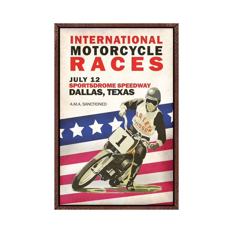 Intl. Motorcycle Races Dallas by Mark Rogan - Print on Canvas, 101.6cm H x 66.04cm W x 3.81cm D, Classic Brown Wood Framed