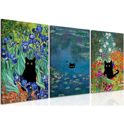 Monet Wall Art Set Of 3 - Funny Cat In Water Lilies Canvas Paintings Prints, Garden Flowers Black Cat Aesthetic Pictures For Room Bedroom Living Room Bathroom 12x16 Framed