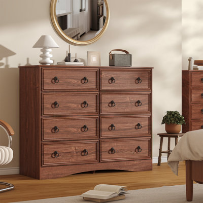 47 Inch Dresser for Bedroom, 8 Drawer Dresser with Large Drawers, Mid Century Modern Wide Wood Chest for Living Room, Hallway, Cherry Wood Color