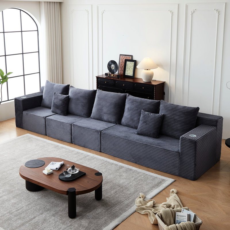 5 sièges modulaires en velours côtelé avec sièges profonds et porte-gobelets, gris foncé, style moderne pour un confort total, sans assemblage requis 5 sièges gris, style, assemblage, coins de yoga idéaux