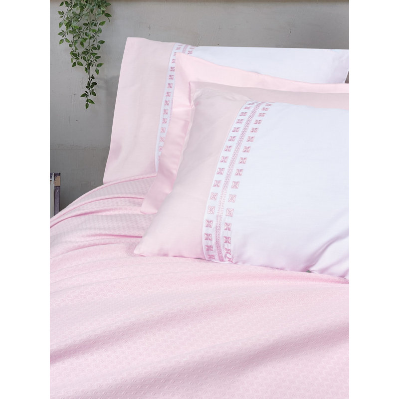 Ensemble 100% coton double piqué, couleur poudre | Comprend 2 taies d'oreiller (19,7 x 27,6), 2 taies d'oreiller Oxford (19,7 x 27,6), un drap plat (94,5 x 102,4) et Pique (86,6 x 90,6) | 208 fils, conception élégante et lavable à la machine