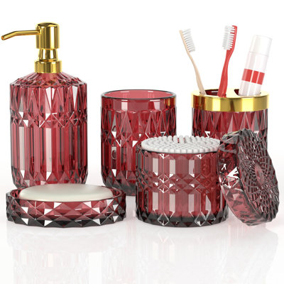 Nouvel ensemble d'accessoires de salle de bain - Ensemble de 5 décorations de salle de bain en verre avec distributeur de savon et porte-brosse à dents et porte-gobelet et coton-tige - Ensemble d'accessoires de salle de bain