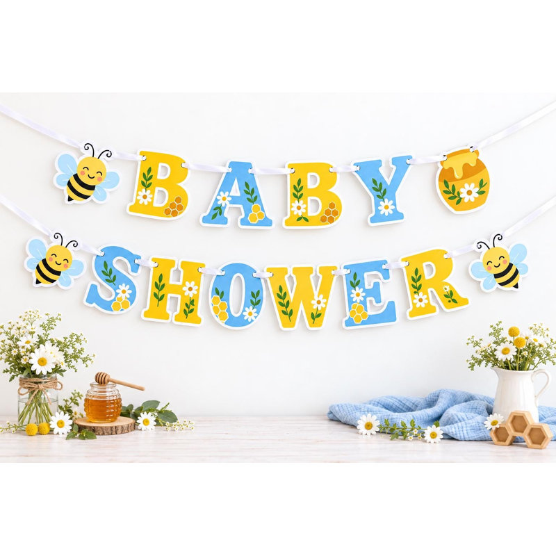 Honey Bee Garden Baby Shower Banner, Yellow Blue Bumblebee Daisy Garland, Cardstock Wall Decor