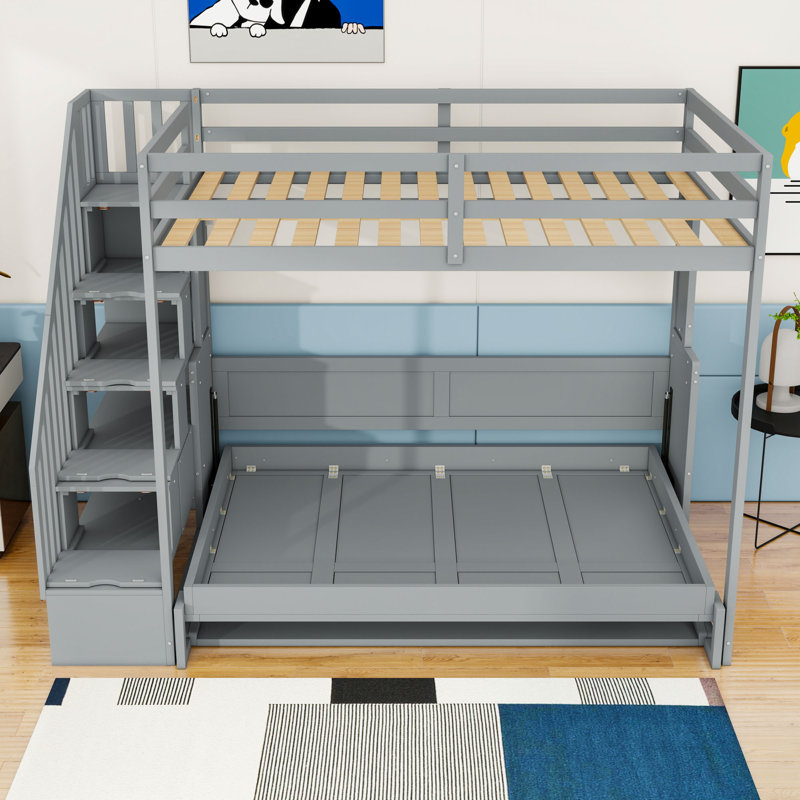 Wooden Twin Over Twin Bunk Bed With Stairs And Shelves, Grey