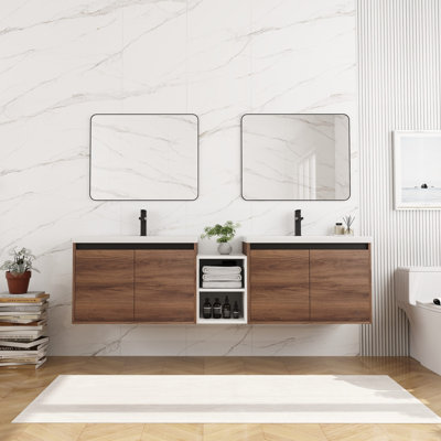 Meuble-lavabo mural avec lavabo de comptoir en résine, combinaison de 1 tablette de rangement et 4 portes à fermeture douce