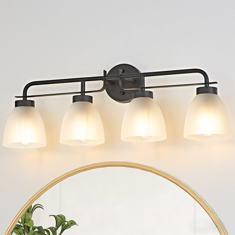 Luminaire de salle de bain 28 po à 4 lumières de style moderne Mid-Century noir avec verre givré 28 po, Givré
