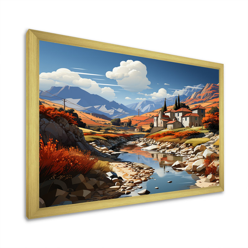 Paysage méditerranéen audacieux sur toile, Cadre doré simple, H 24 po x l 32 po x P 1 po