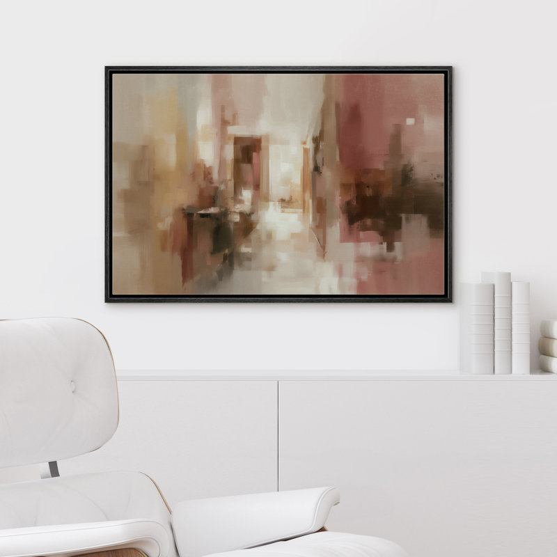 Warm Neutral Abstract Interior Light and Shadow Framed Canvas Master Bedroom Wall Art Work Print, Black Floater Frame