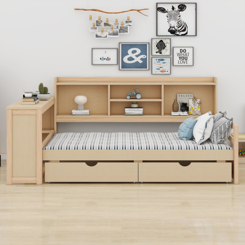 Modern Corner Daybed with Desk, Charging Station, Storage Drawers & Shelves, Natural