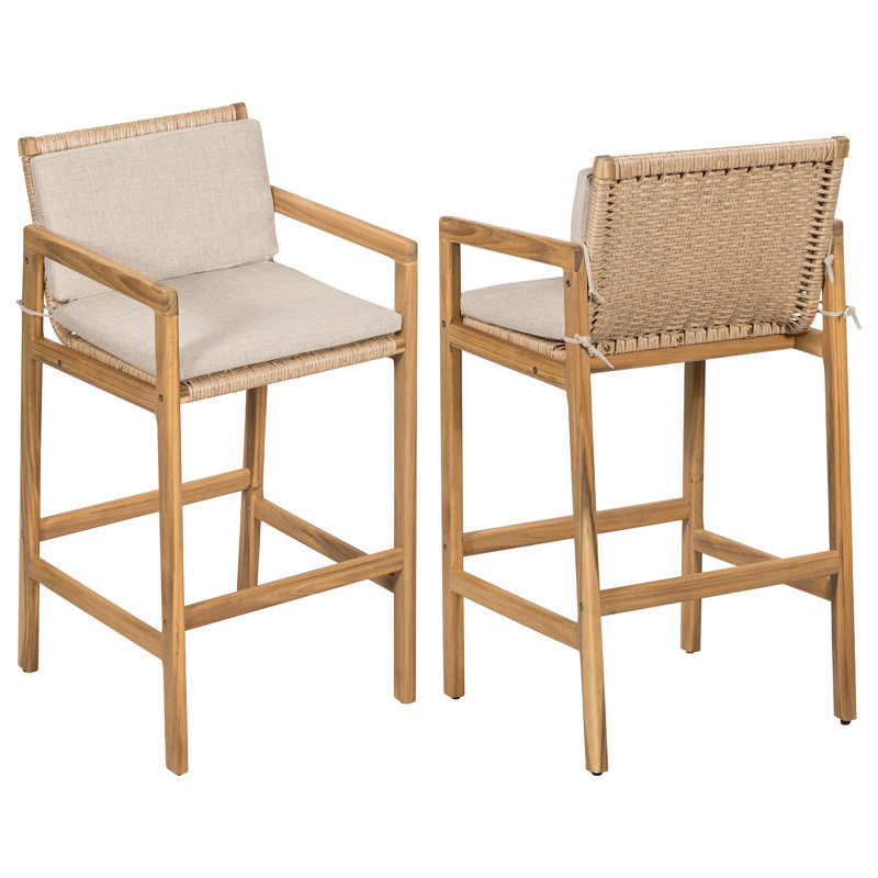  Ensemble de 2 tabourets de bar d'extérieur en bois d'acacia avec dossier en teck et beige Marcella