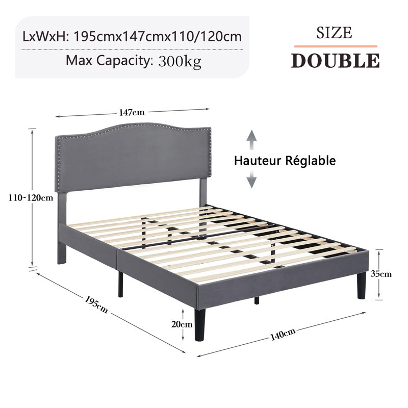 Double Size Upholstered Platform Bed Frame With Nailhead Trim Adjustable Headboard, Wooden Slats Support, Easy to Assembly