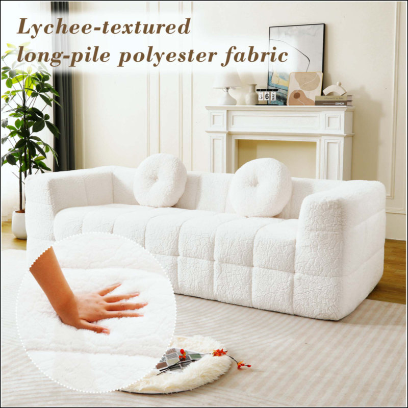 Canapé moderne sans os avec deux coussins décoratifs circulaires, tissu en polyester à poils longs texturé litchi doux pour la peau, canapé en mousse à carreaux