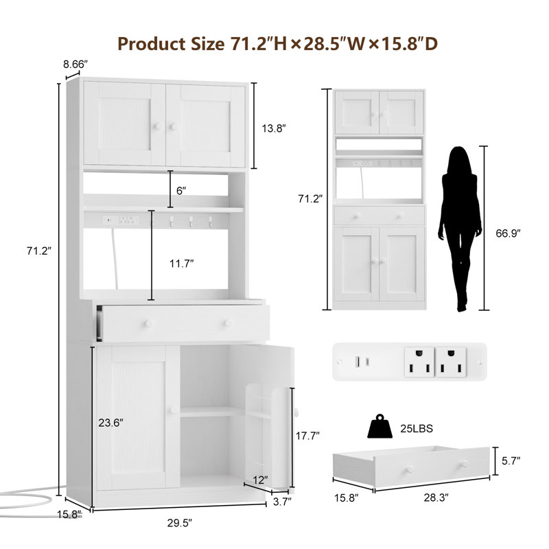 Armoire de cuisine 71 po avec portes, tiroir, armoire de ferme avec prise de courant et lumière DEL 71 po, Blanc