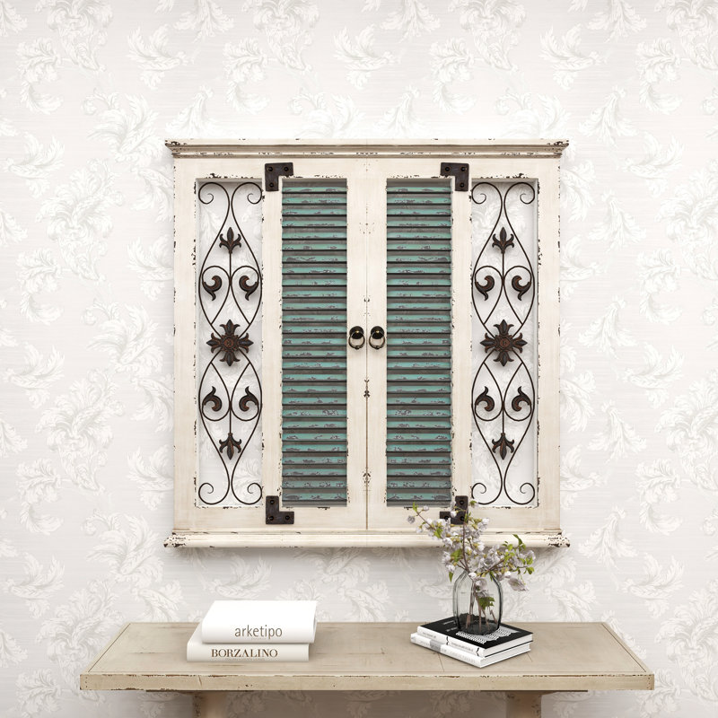 Alvardo Beige Wooden Scroll Window Shutter Home Wall Decor with Metal Scrollwork Relief, 40" x 2" x 40"