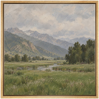 Tableau encadré sur toile représentant un paysage pittoresque de vallée, de rivière et de prairie.