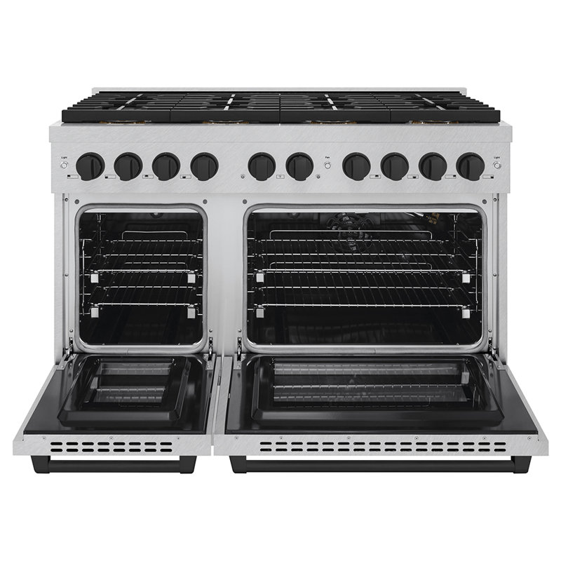 ZLINE Autograph Edition 48 in. 6.7 cu. ft. Paramount Gas Range W/ 8 Burner DuoPro Cooktop and Dual Ovens in Satin Stainless Steel and Matte Black Accents