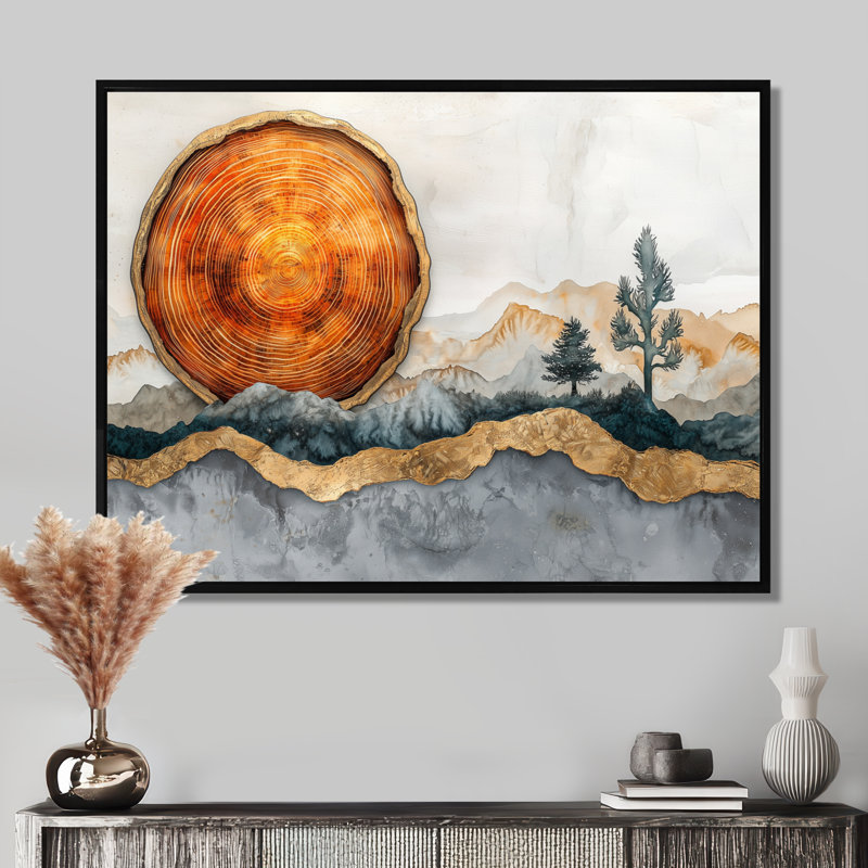 Paysage doré doré avec cactus et glissade sur bois - art mural désert, H 16 po x l 32 po, Cadre flottant, Noir