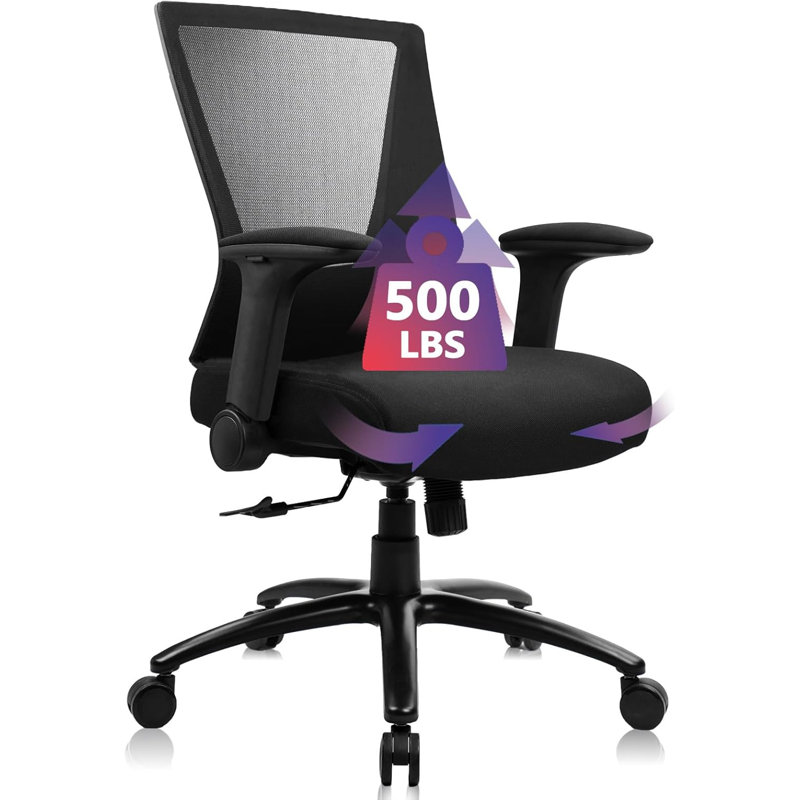 CLATINA Big and Tall Office Chair Heavy Duty Ergonomic Desk Chair 500lbs with Flip-up Arms & Wide Thick Seat Cushion Home Executive Swivel Mesh Chair for Study, Conference, Black