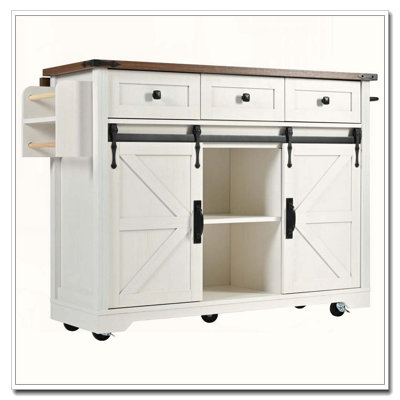 53.7" Farmhouse Kitchen Island with Sliding Barn Door & Power Outlet